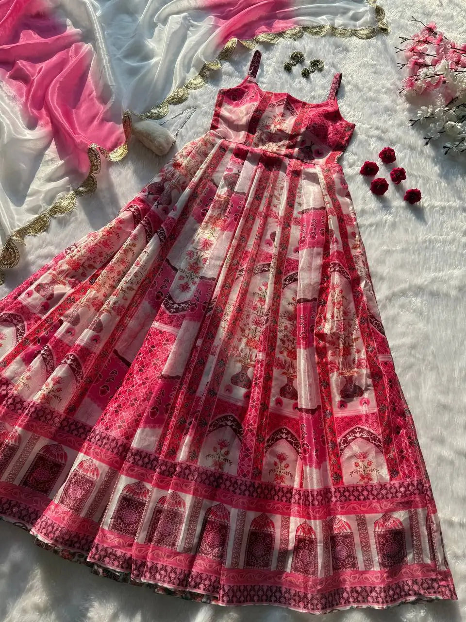 Organza Silk Digital Print Anarkali Gown with Dupatta