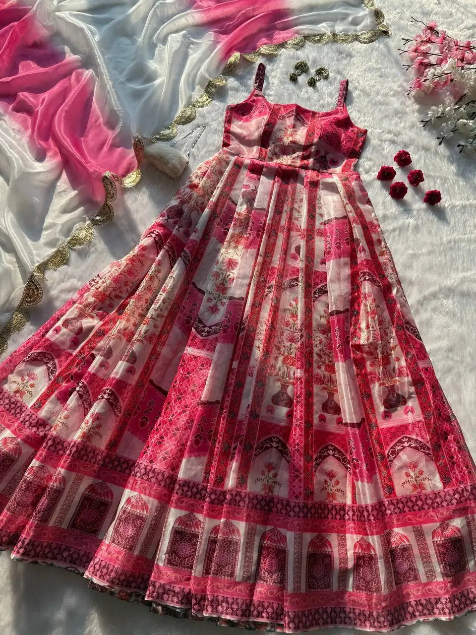 Organza Silk Digital Print Anarkali Gown with Dupatta