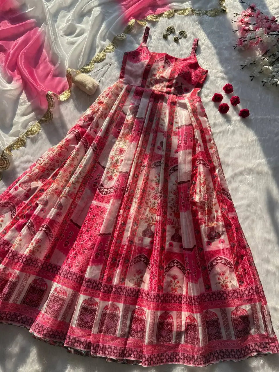 Organza Silk Digital Print Anarkali Gown with Dupatta