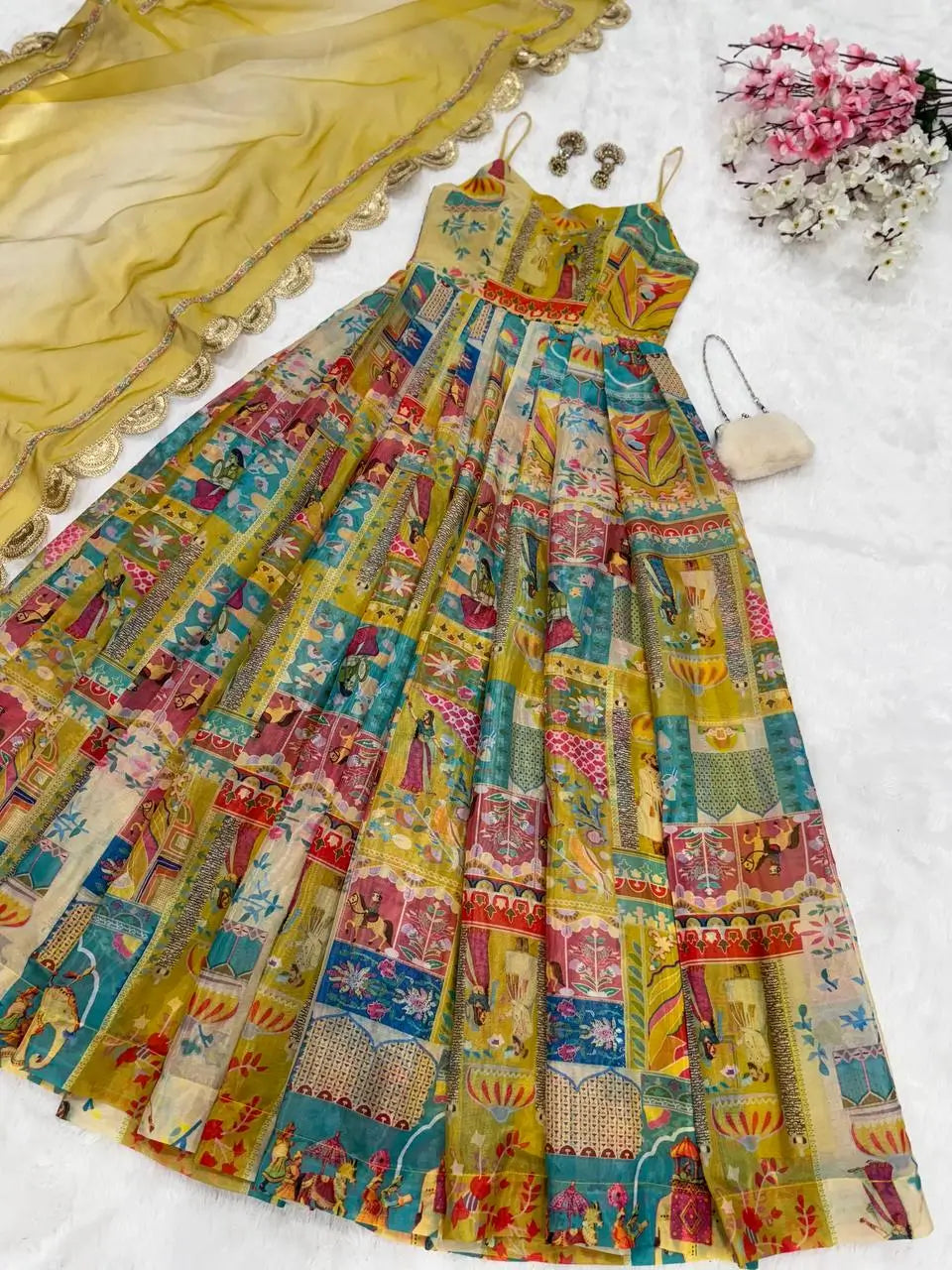 Organza Silk Digital Print Anarkali Gown with Dupatta