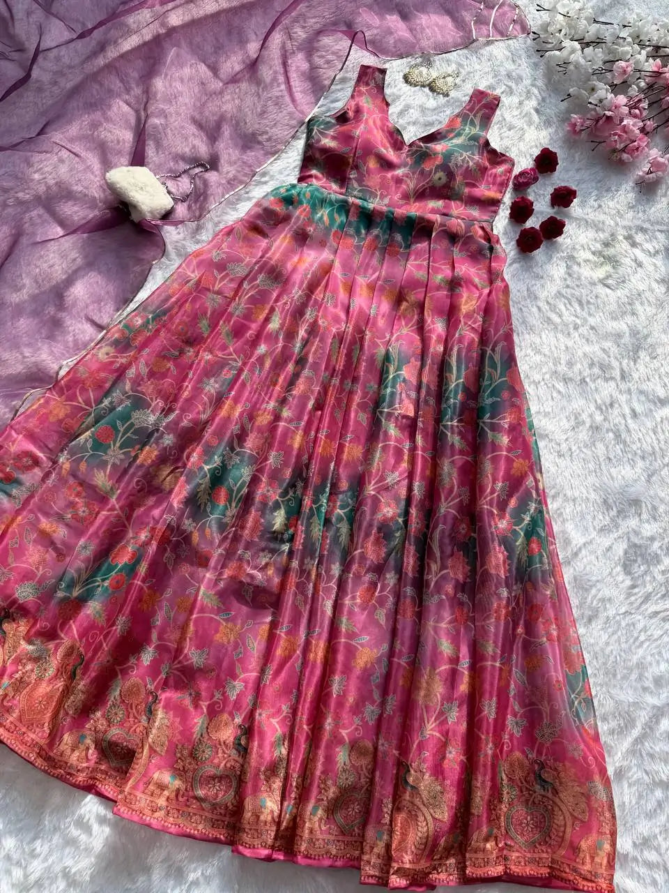 Organza Silk Digital Print Anarkali Gown with Dupatta