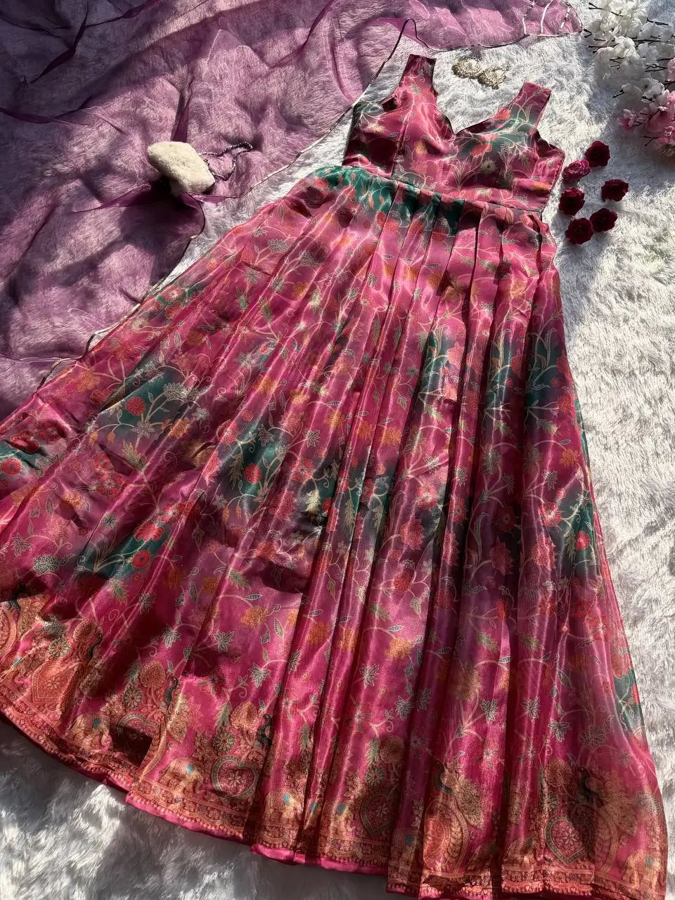 Organza Silk Digital Print Anarkali Gown with Dupatta