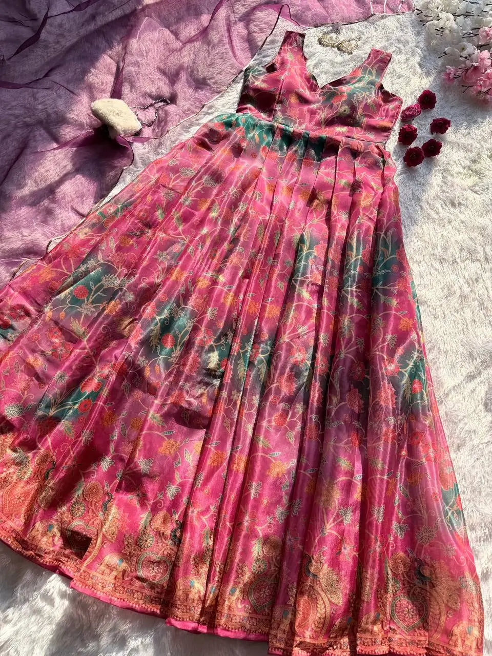 Organza Silk Digital Print Anarkali Gown with Dupatta