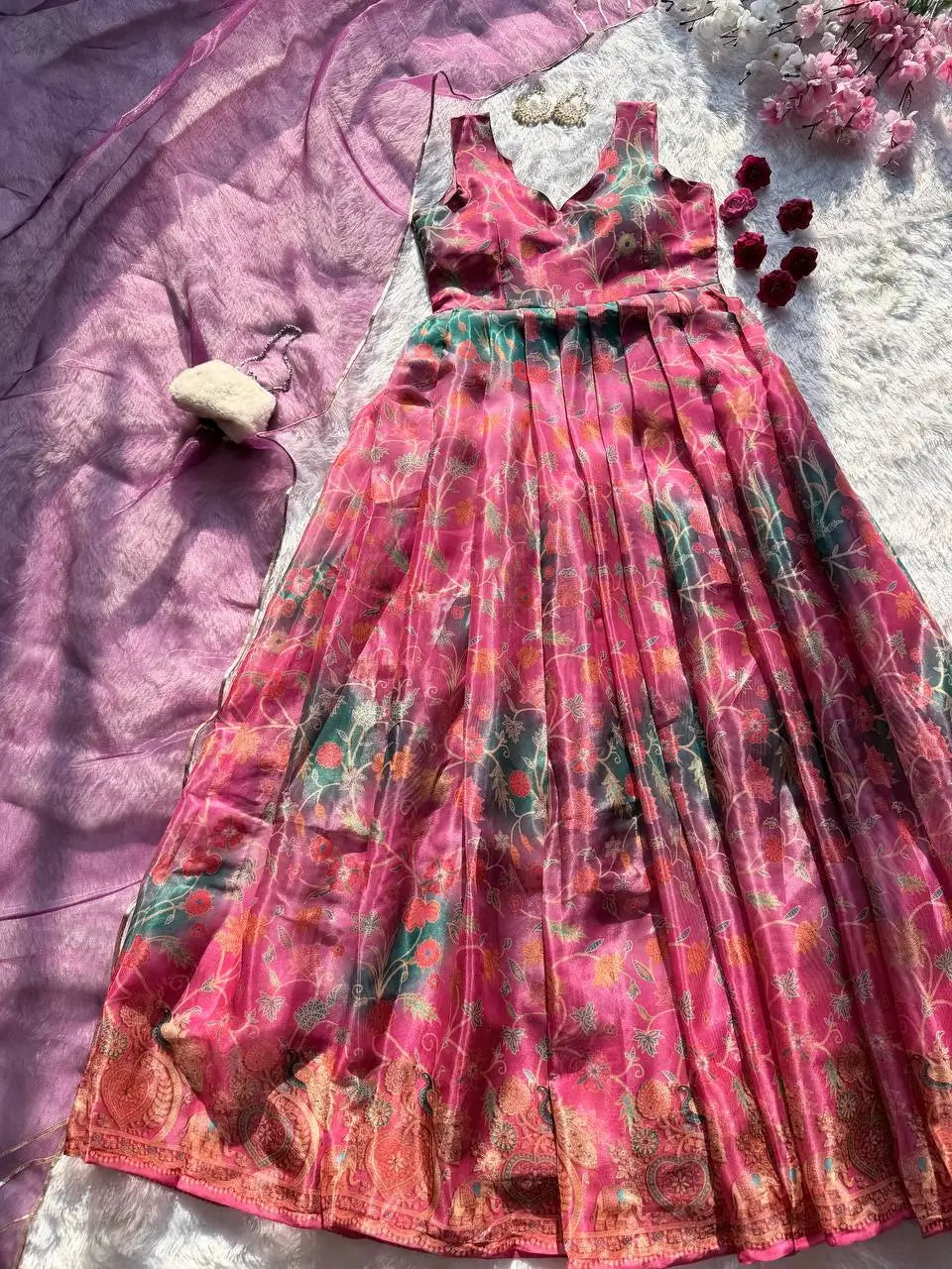 Organza Silk Digital Print Anarkali Gown with Dupatta