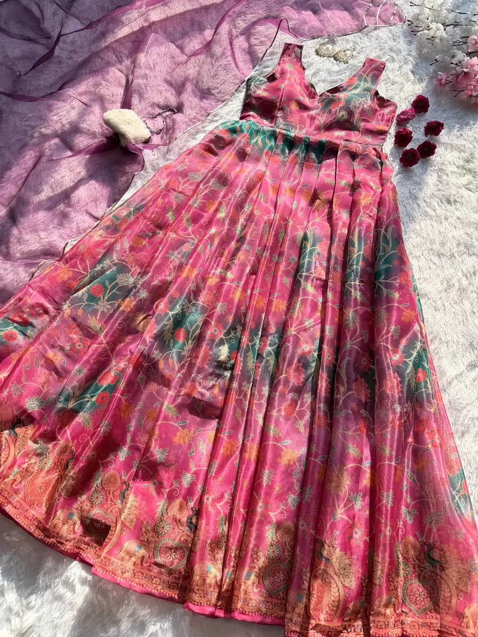 Organza Silk Digital Print Anarkali Gown with Dupatta
