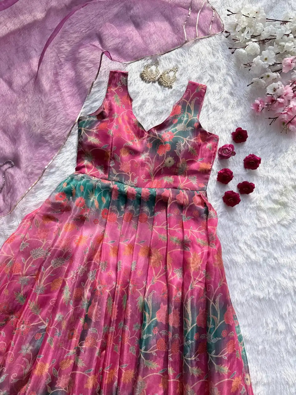 Organza Silk Digital Print Anarkali Gown with Dupatta