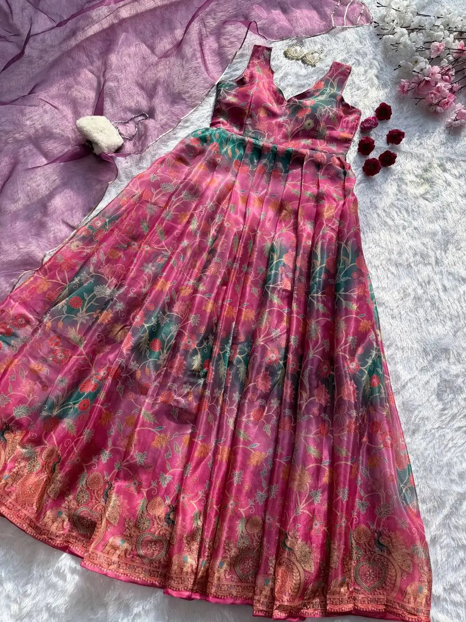 Organza Silk Digital Print Anarkali Gown with Dupatta