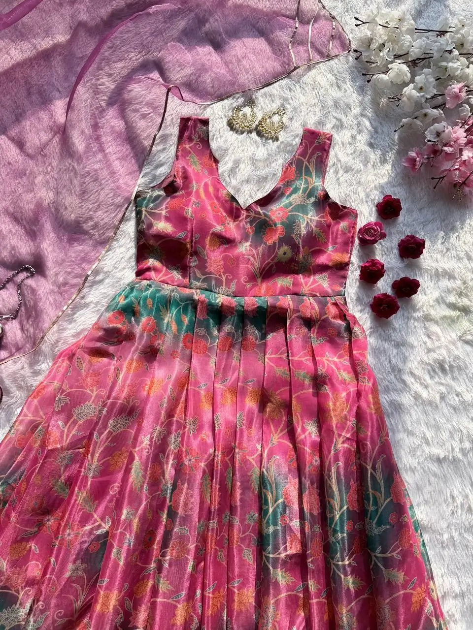 Organza Silk Digital Print Anarkali Gown with Dupatta