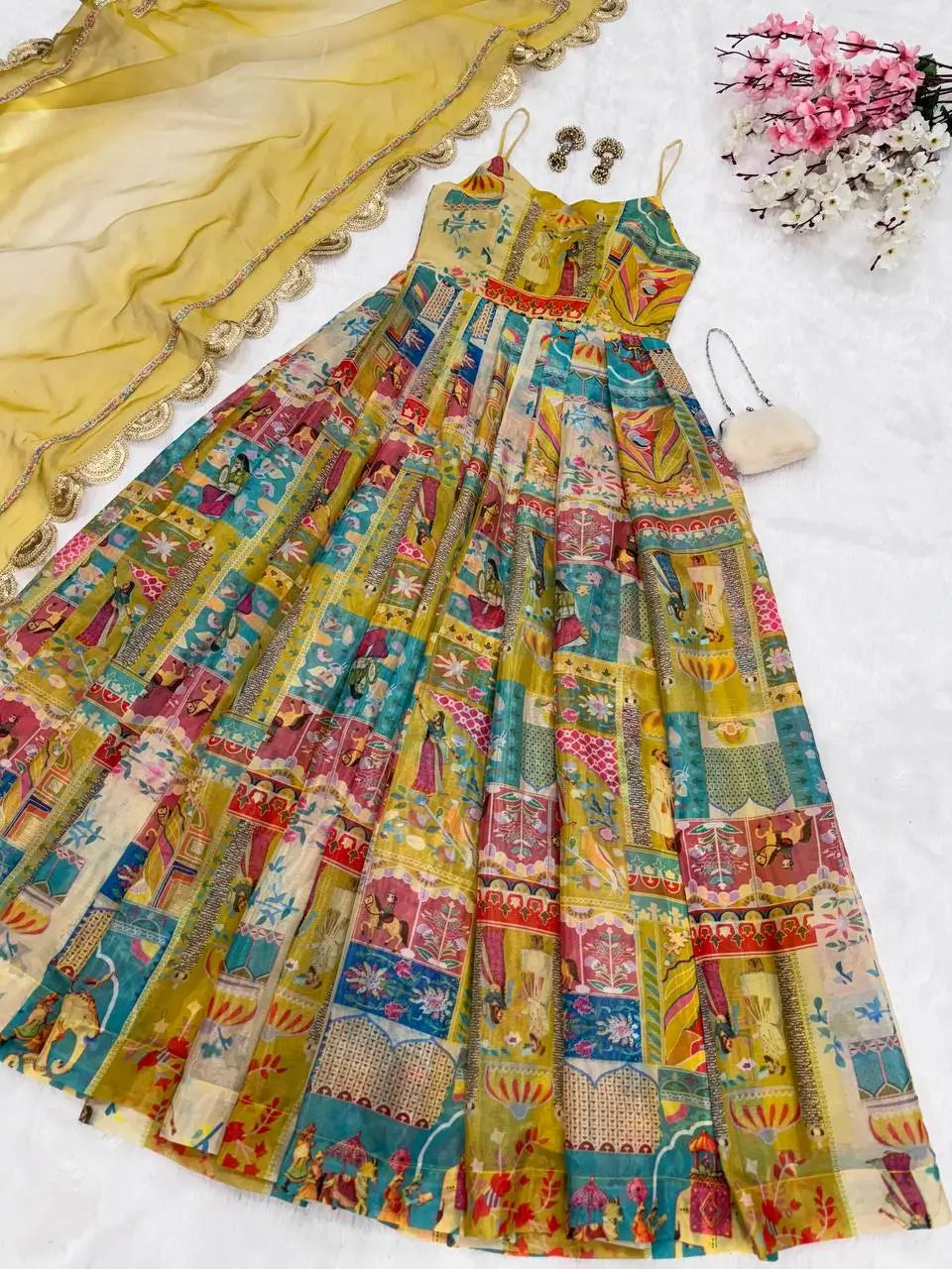Organza Silk Digital Print Anarkali Gown with Dupatta