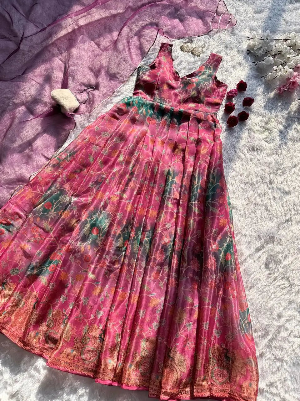 Organza Silk Digital Print Anarkali Gown with Dupatta