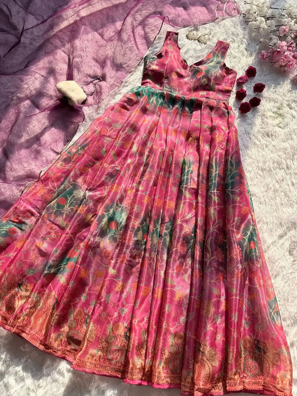 Organza Silk Digital Print Anarkali Gown with Dupatta