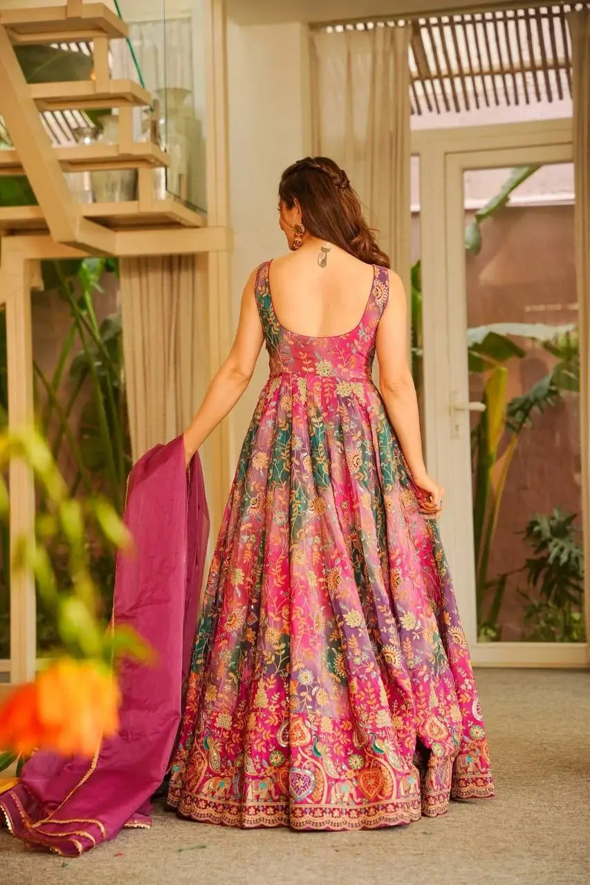 Organza Silk Digital Print Anarkali Gown with Dupatta