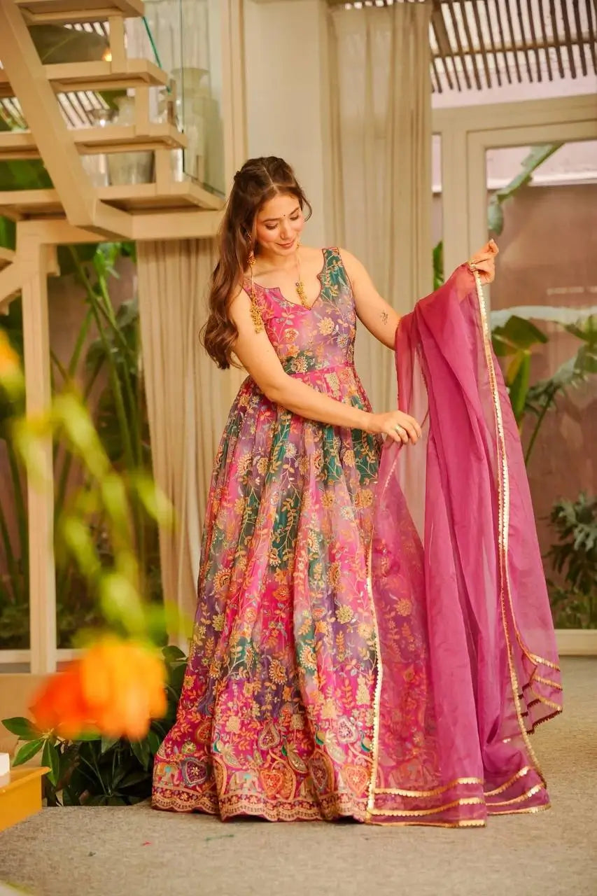 Organza Silk Digital Print Anarkali Gown with Dupatta