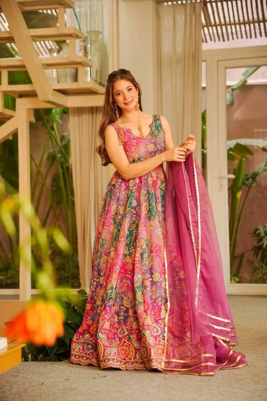 Organza Silk Digital Print Anarkali Gown with Dupatta