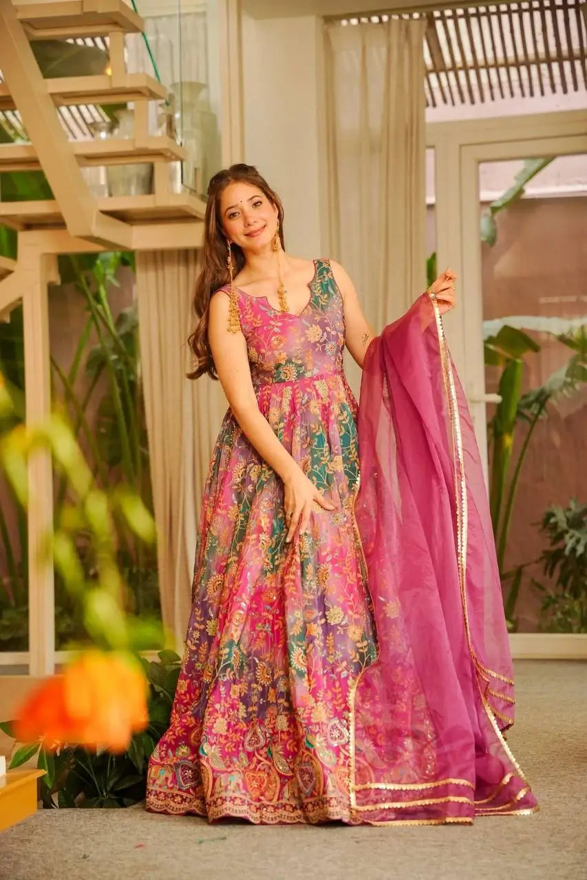 Organza Silk Digital Print Anarkali Gown with Dupatta
