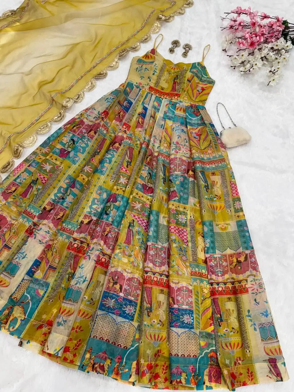 Organza Silk Digital Print Anarkali Gown with Dupatta
