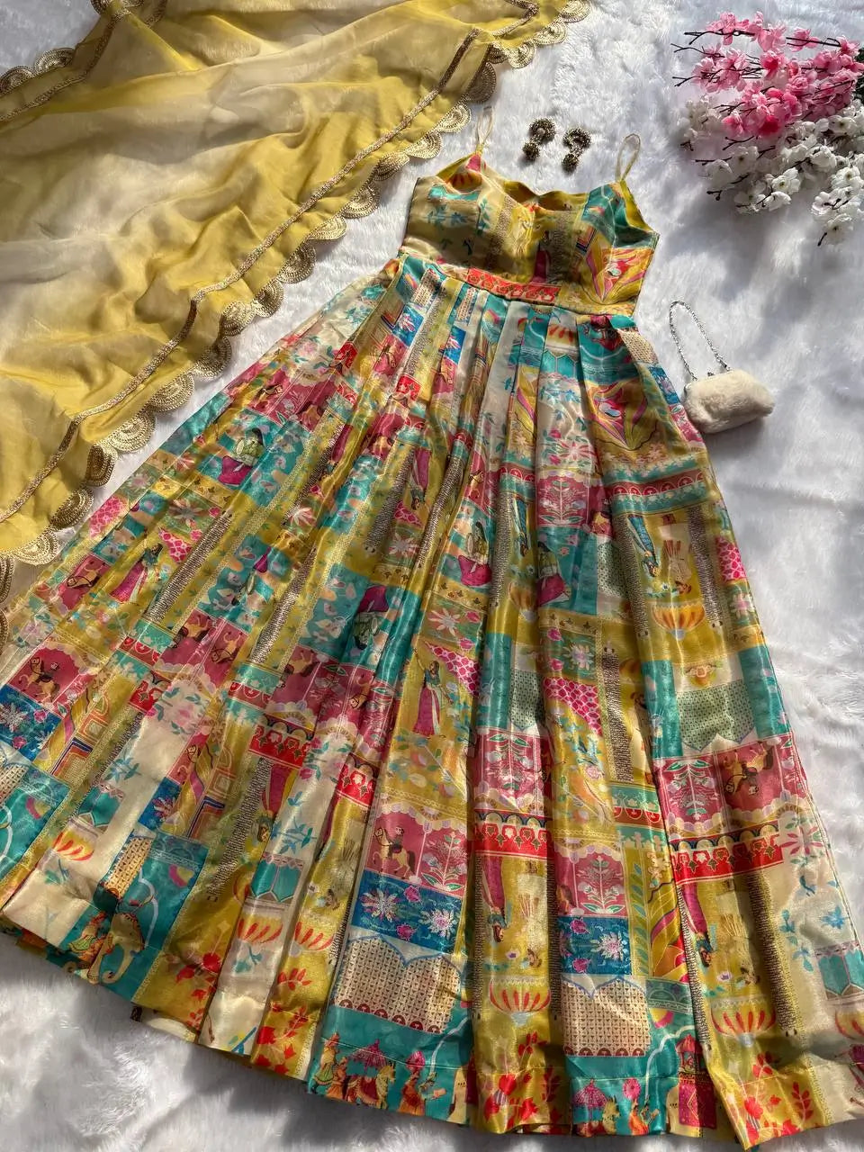 Organza Silk Digital Print Anarkali Gown with Dupatta