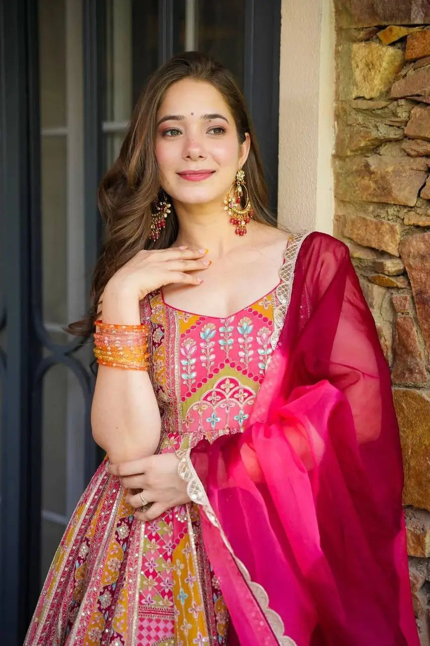 Organza Silk Digital Print Anarkali Gown with Dupatta