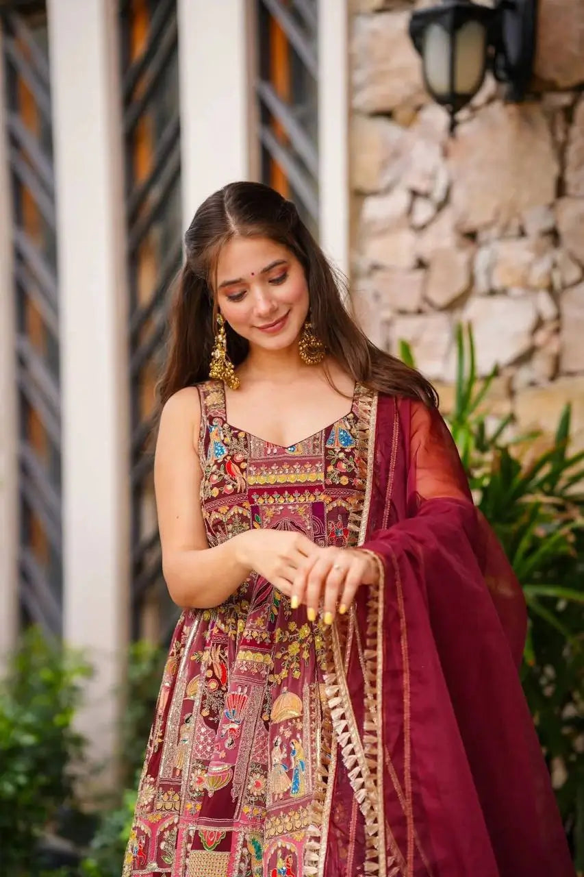 Organza Silk Digital Print Anarkali Gown with Dupatta