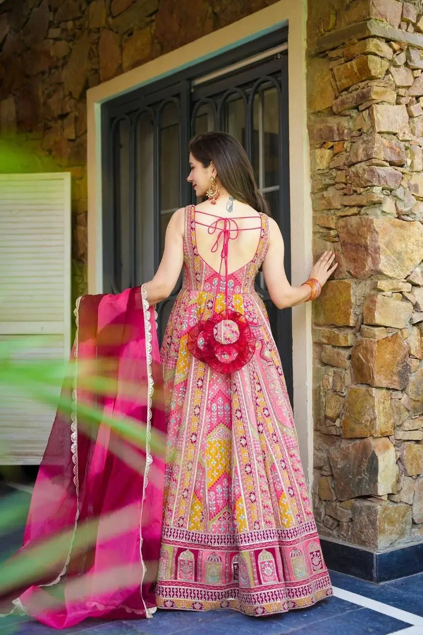 Organza Silk Digital Print Anarkali Gown with Dupatta