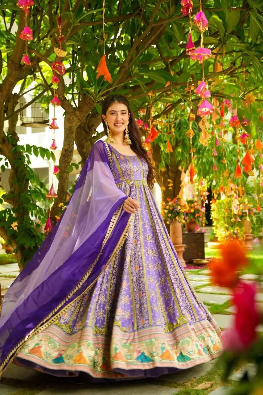 Organza Silk Digital Print Anarkali Gown with Dupatta