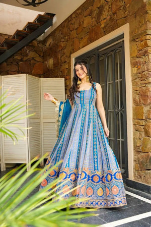 Organza Silk Digital Print Anarkali Gown with Dupatta