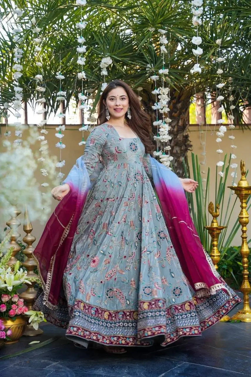 Organza Silk Digital Print Anarkali Gown with Dupatta