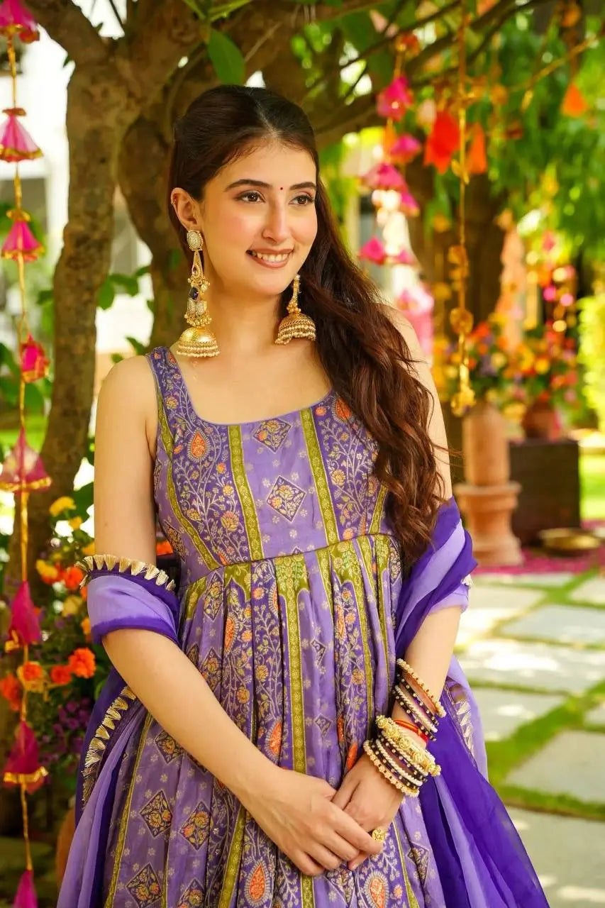 Organza Silk Digital Print Anarkali Gown with Dupatta