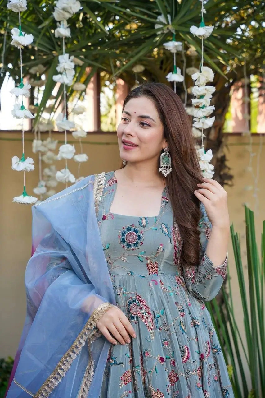 Organza Silk Digital Print Anarkali Gown with Dupatta