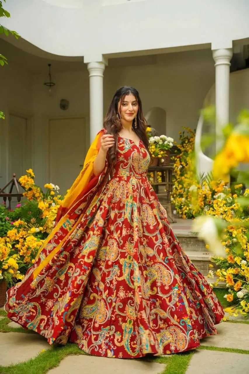 Organza Silk Digital Print Anarkali Gown with Dupatta