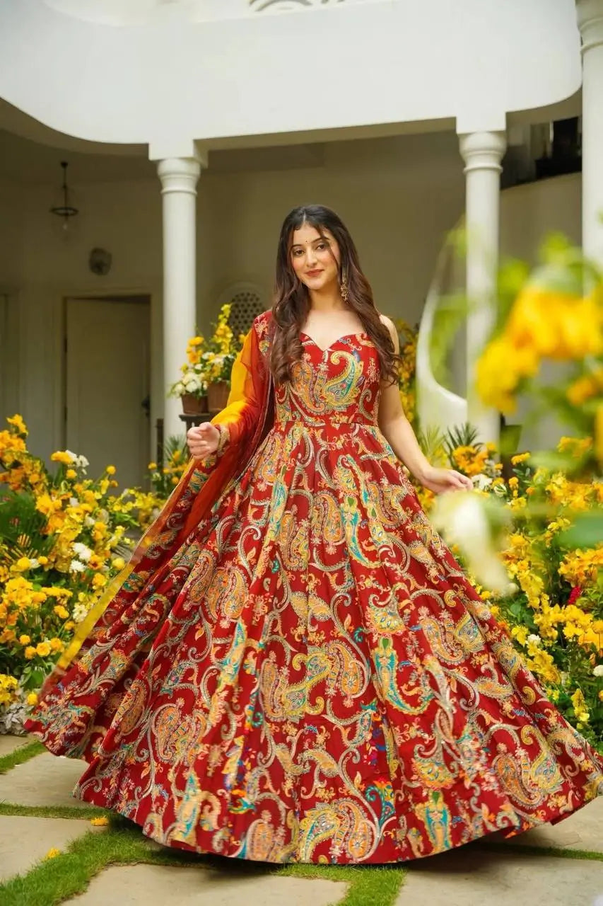 Organza Silk Digital Print Anarkali Gown with Dupatta