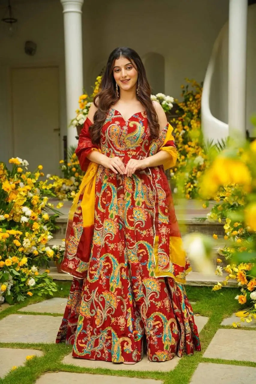 Organza Silk Digital Print Anarkali Gown with Dupatta
