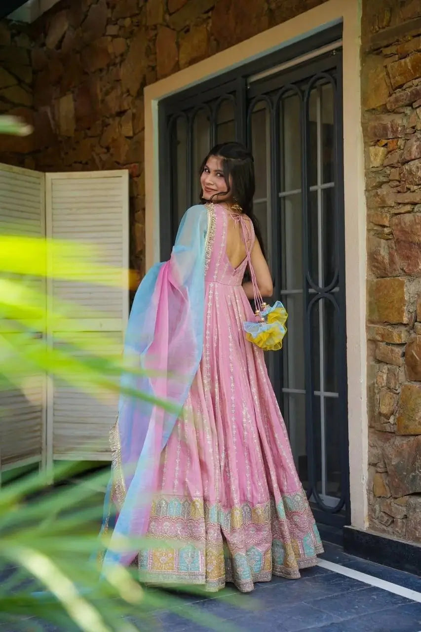 Organza Silk Digital Print Anarkali Gown with Dupatta