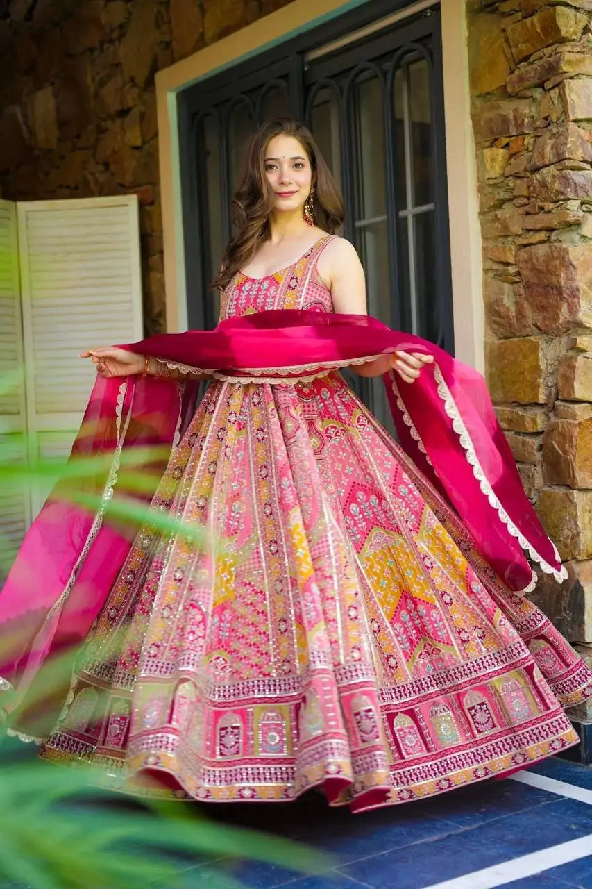 Organza Silk Digital Print Anarkali Gown with Dupatta