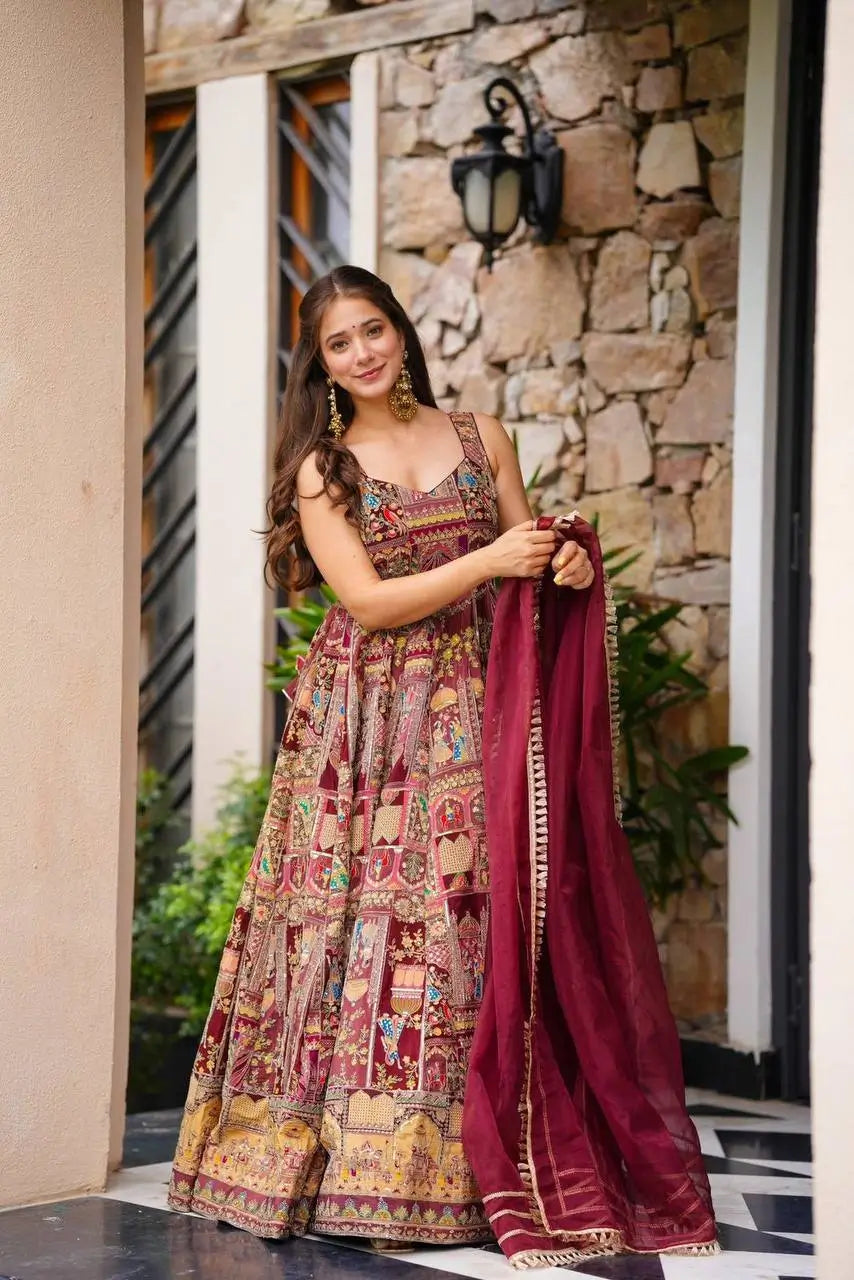 Organza Silk Digital Print Anarkali Gown with Dupatta
