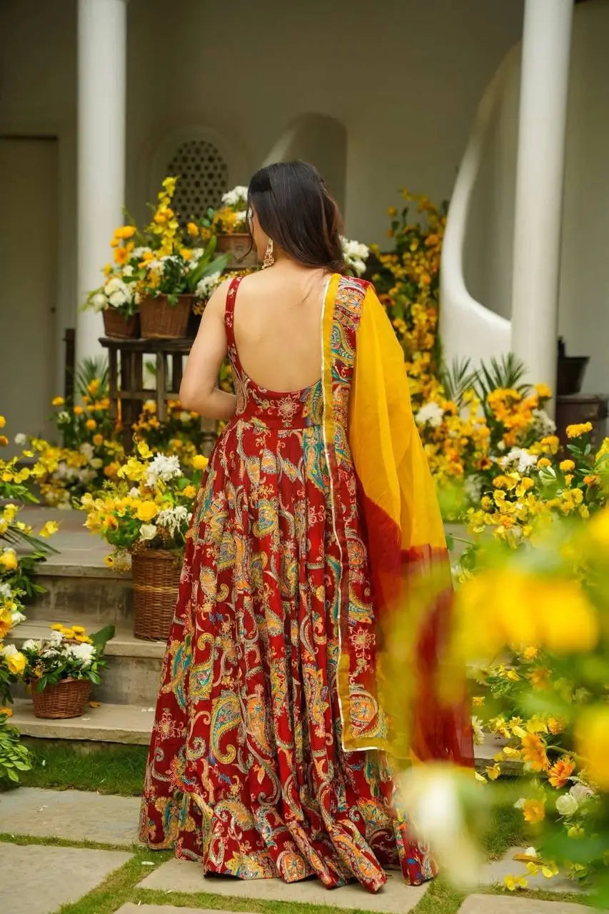 Organza Silk Digital Print Anarkali Gown with Dupatta