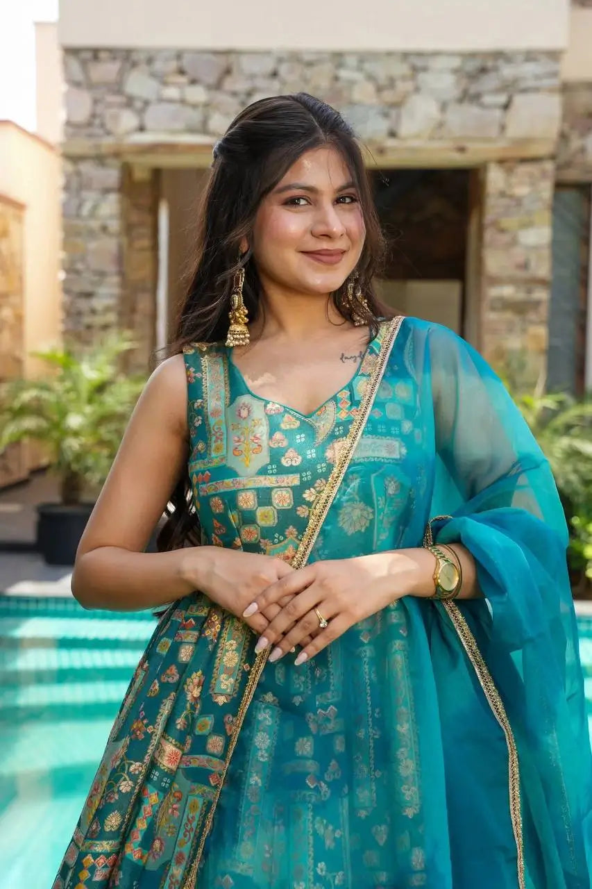 Organza Silk Digital Print Anarkali Gown with Dupatta