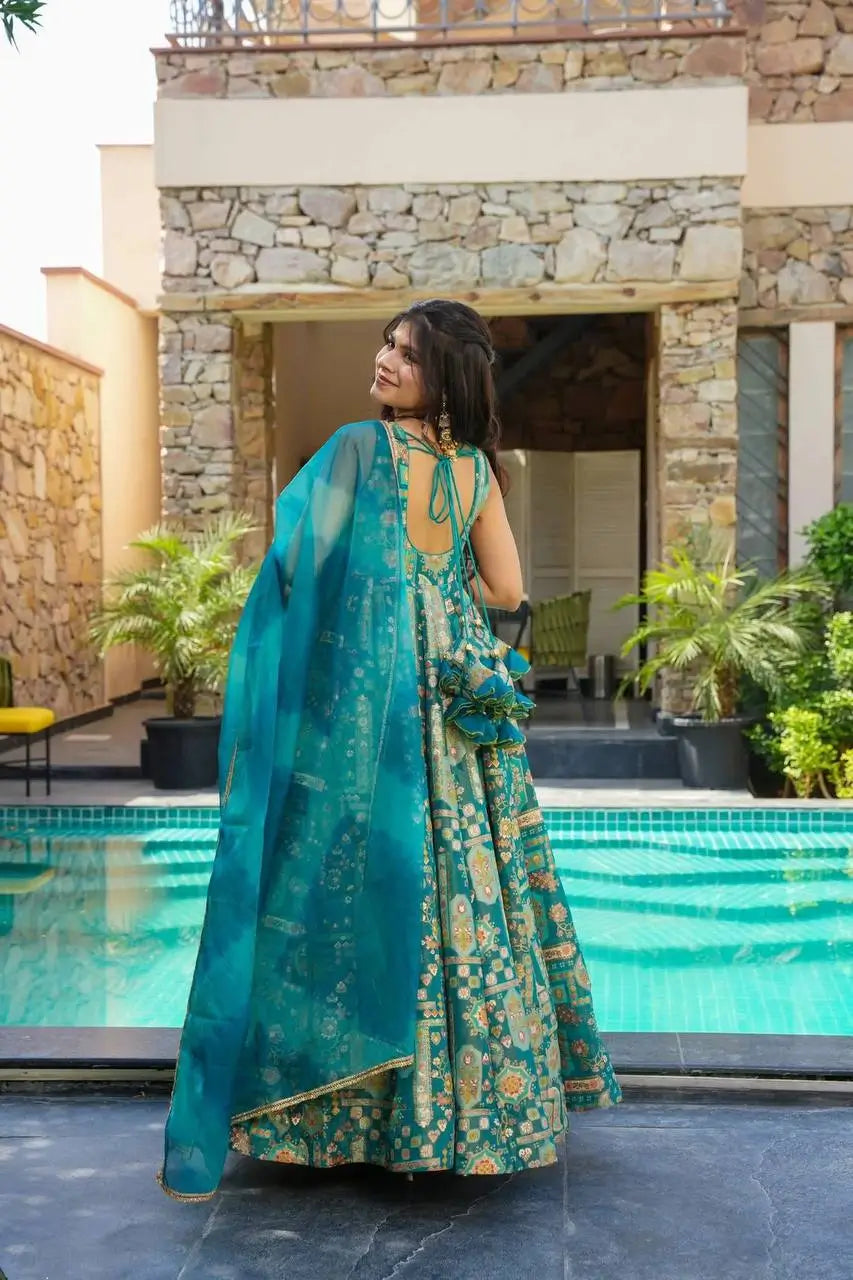 Organza Silk Digital Print Anarkali Gown with Dupatta