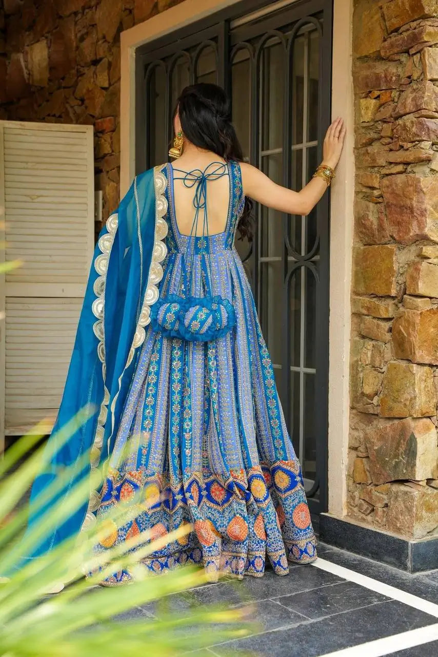 Organza Silk Digital Print Anarkali Gown with Dupatta