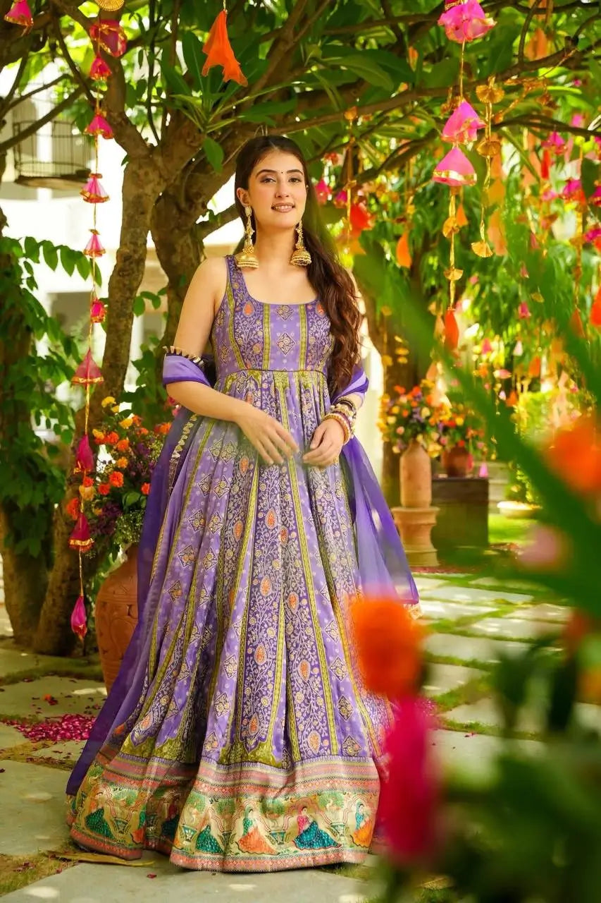 Organza Silk Digital Print Anarkali Gown with Dupatta