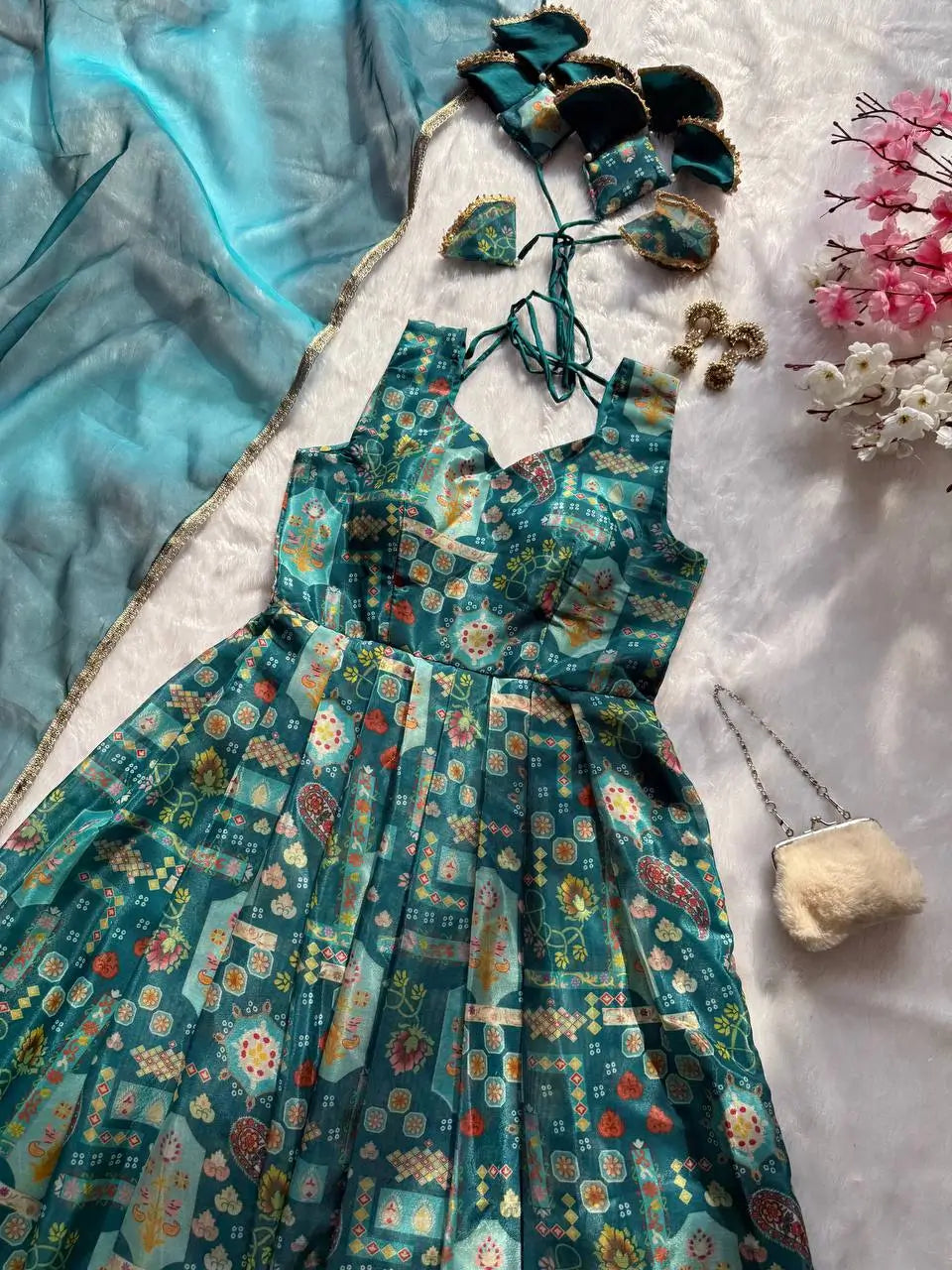 Organza Silk Digital Print Anarkali Gown with Dupatta