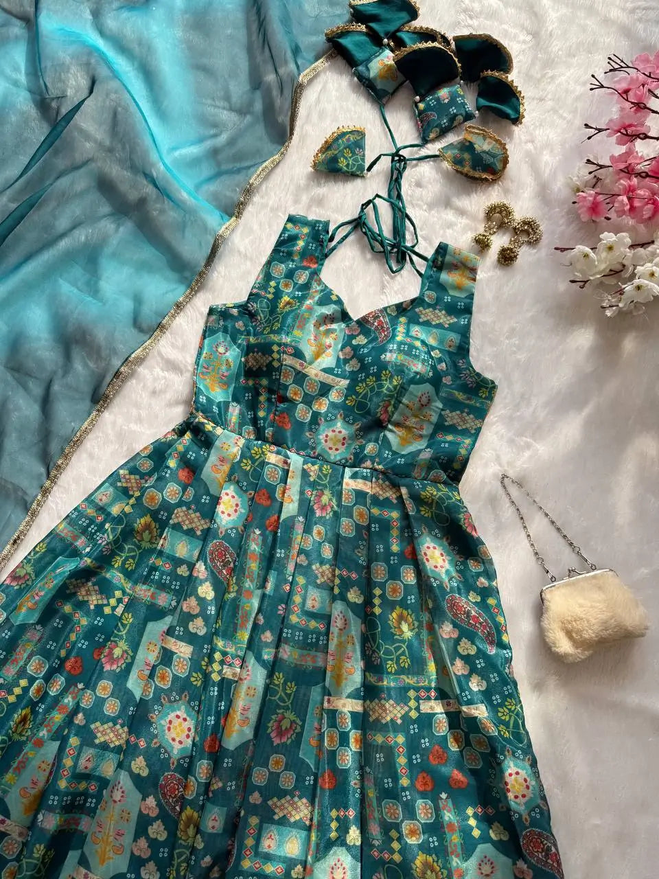 Organza Silk Digital Print Anarkali Gown with Dupatta