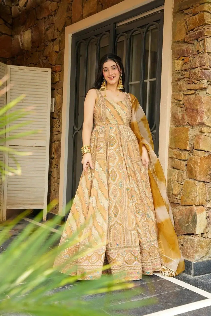 Organza Silk Digital Print Anarkali Gown with Dupatta