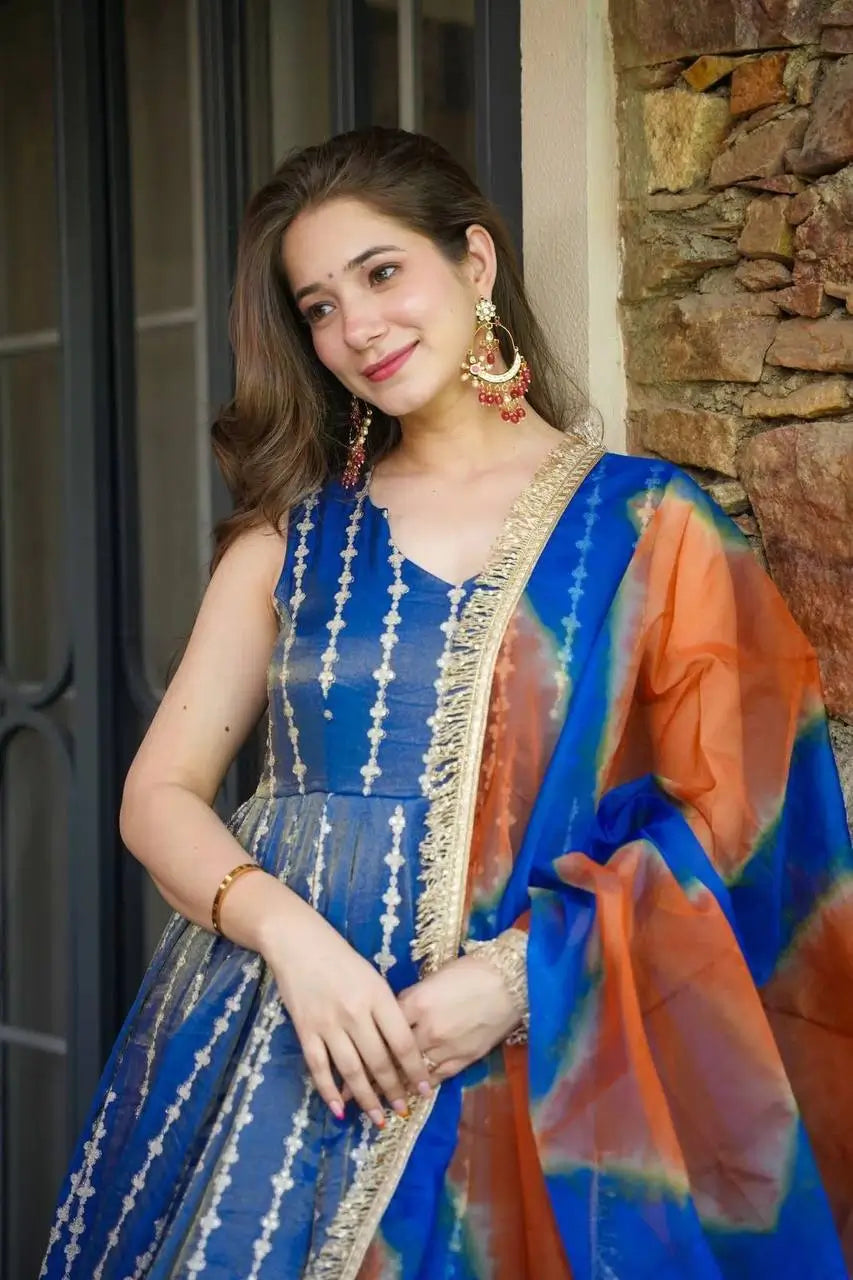 Organza Silk Digital Print Anarkali Gown with Dupatta