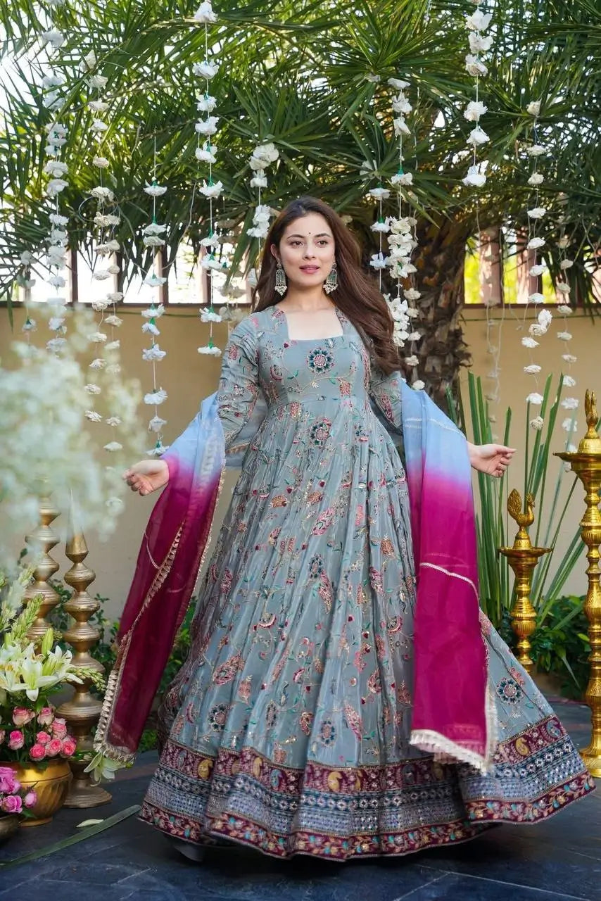 Organza Silk Digital Print Anarkali Gown with Dupatta