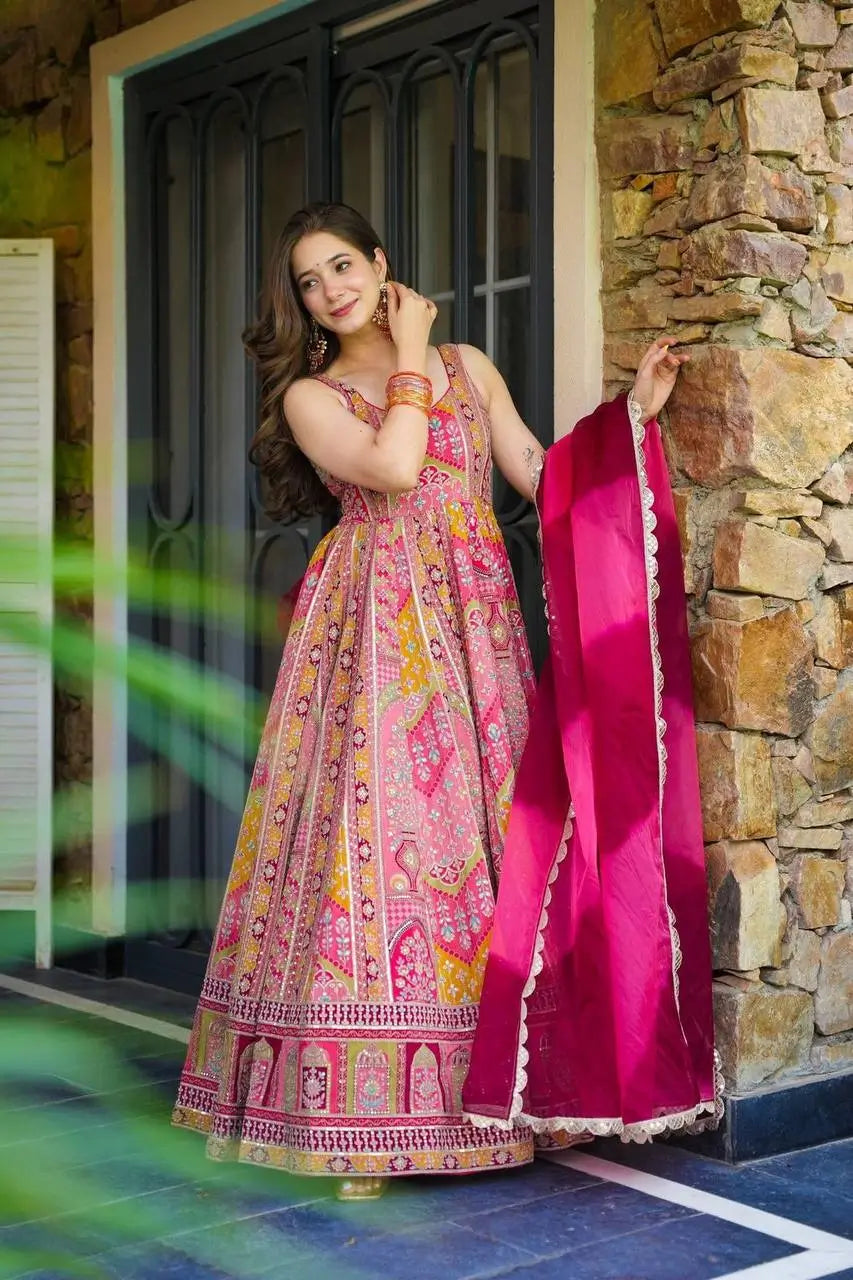 Organza Silk Digital Print Anarkali Gown with Dupatta