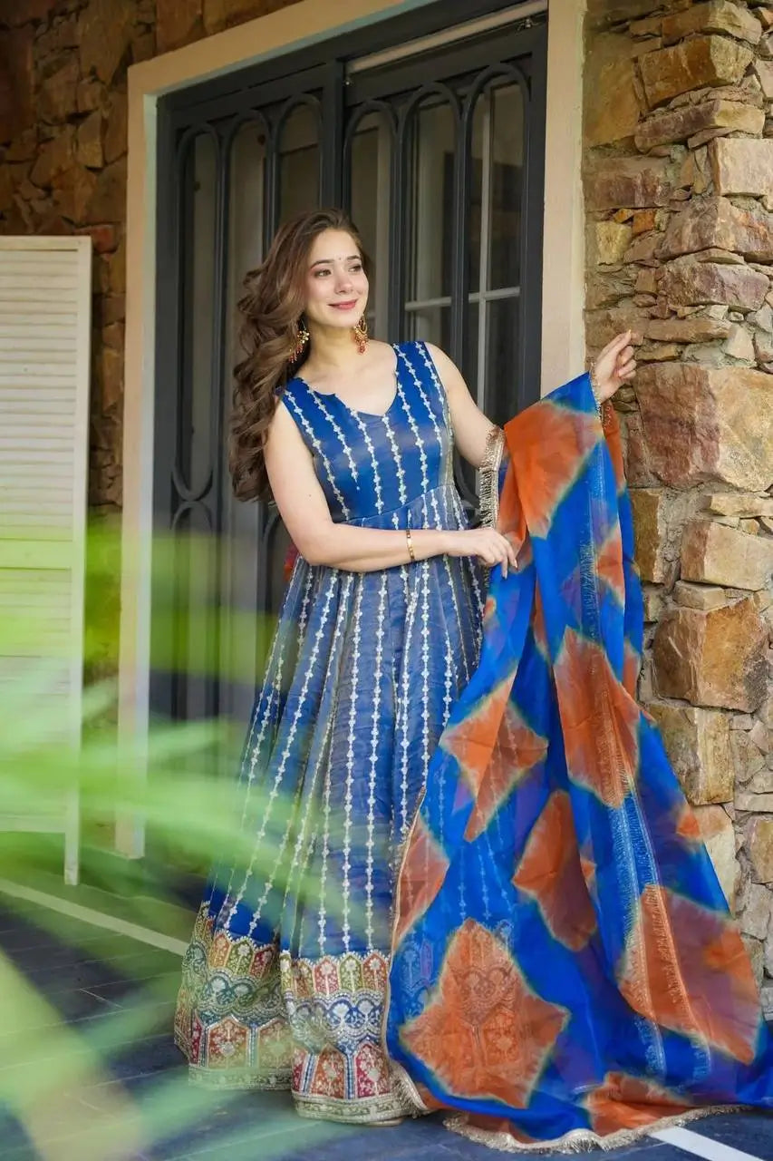 Organza Silk Digital Print Anarkali Gown with Dupatta