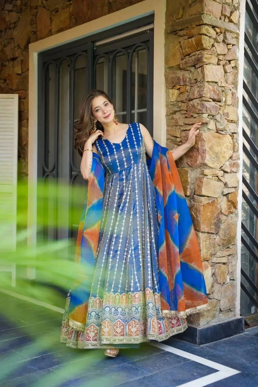 Organza Silk Digital Print Anarkali Gown with Dupatta