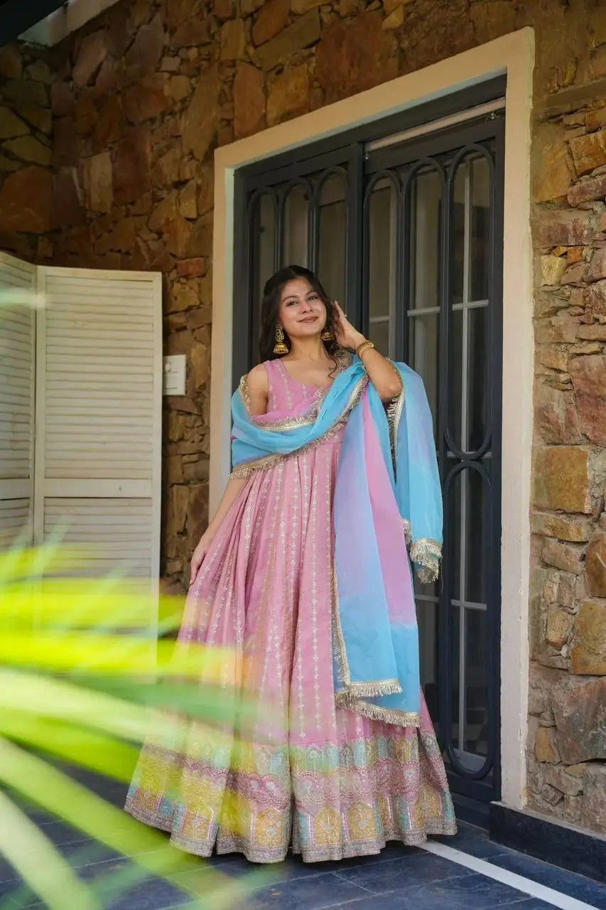 Organza Silk Digital Print Anarkali Gown with Dupatta