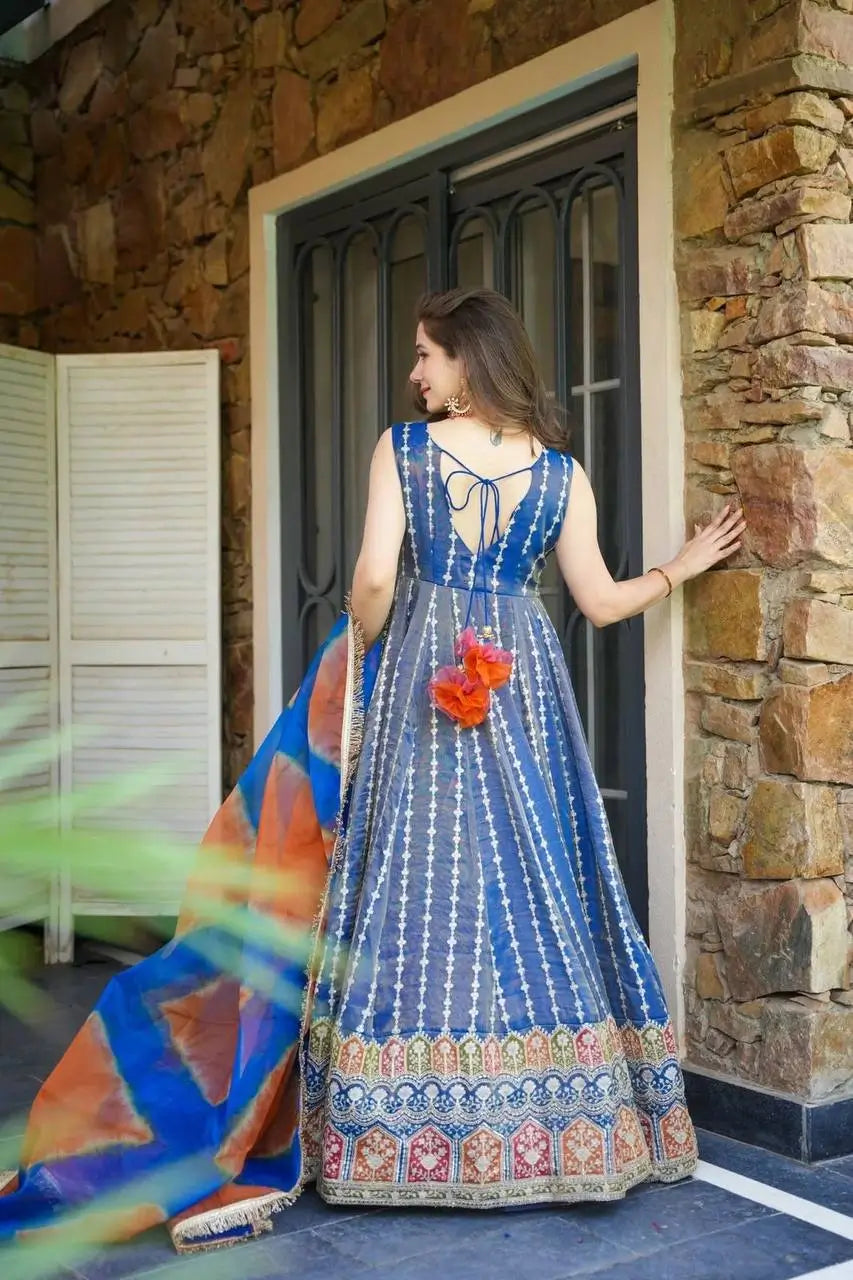 Organza Silk Digital Print Anarkali Gown with Dupatta